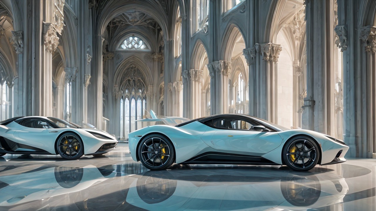 Futuristic white supercar in grand cathedral interior