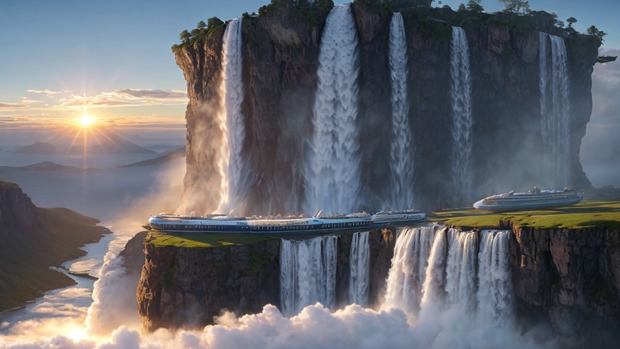 Landscape with Cliff, Waterfalls, and Futuristic Trains