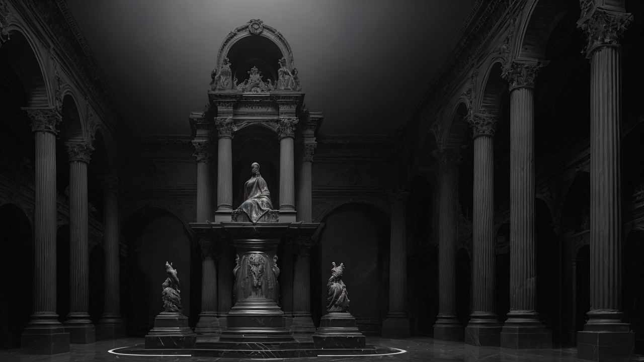 Grand Dark Hall with Intricate Columns and Sculptures