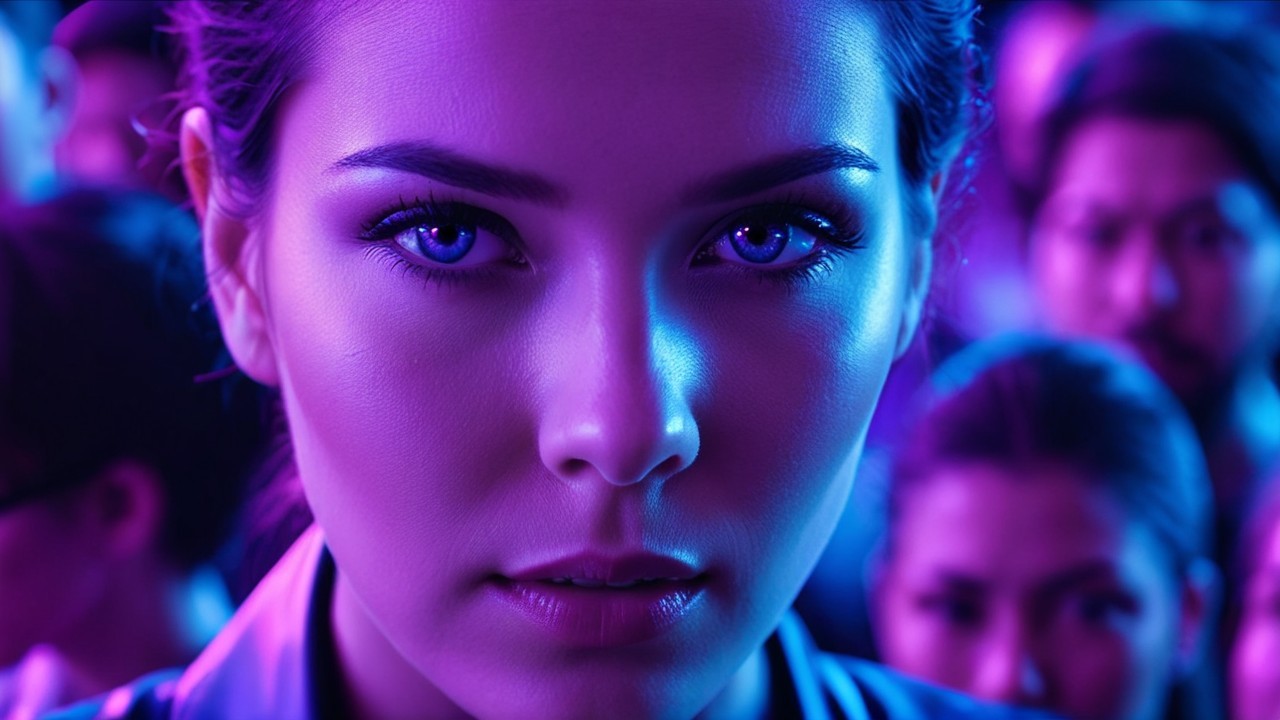 Close-Up of Young Woman with Purple-Lit Eyes