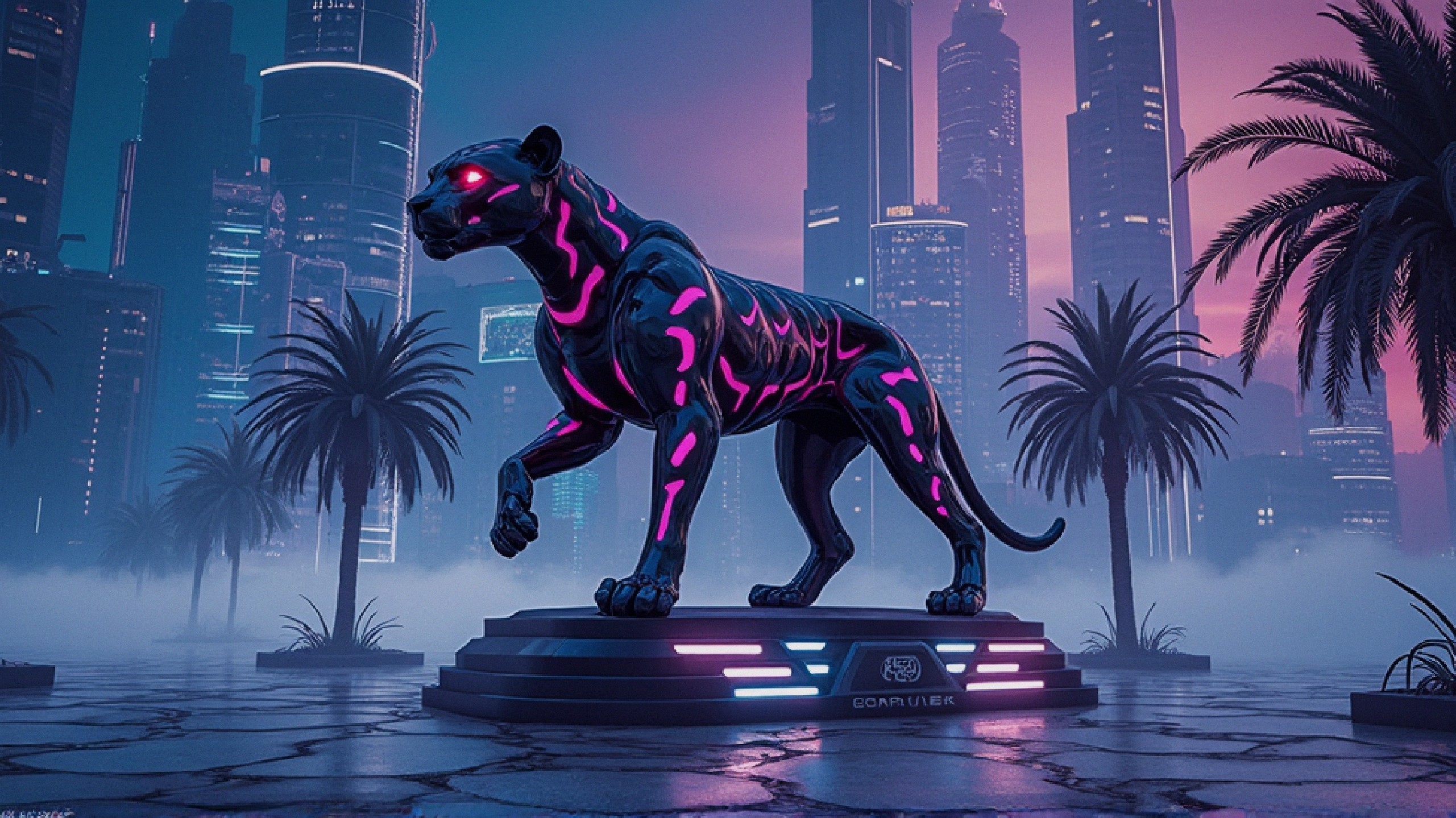 Futuristic Cityscape with Black Panther Sculpture and Neon Lights