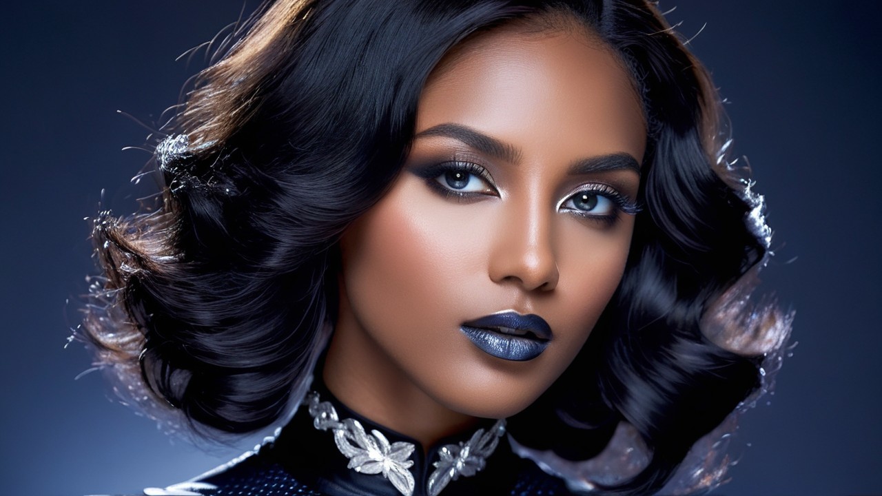 Beauty with Glossy Black Hair and Bold Makeup