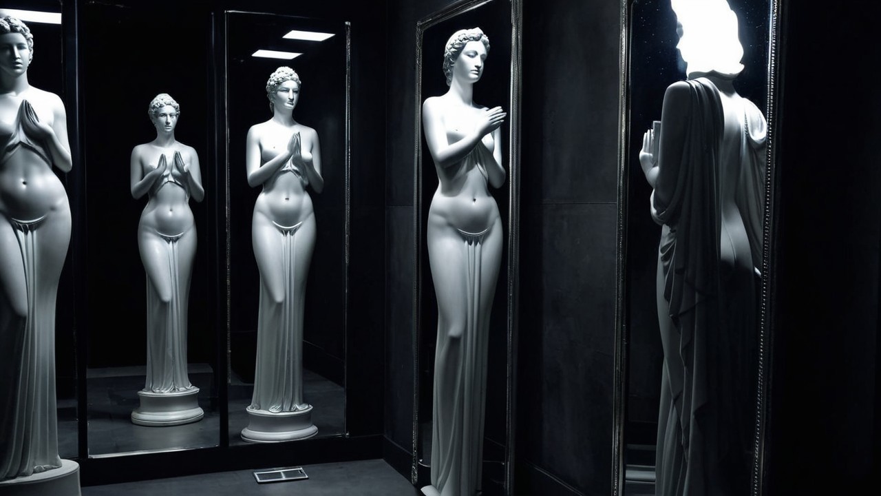 Dimly Lit Room with White Marble Female Statues