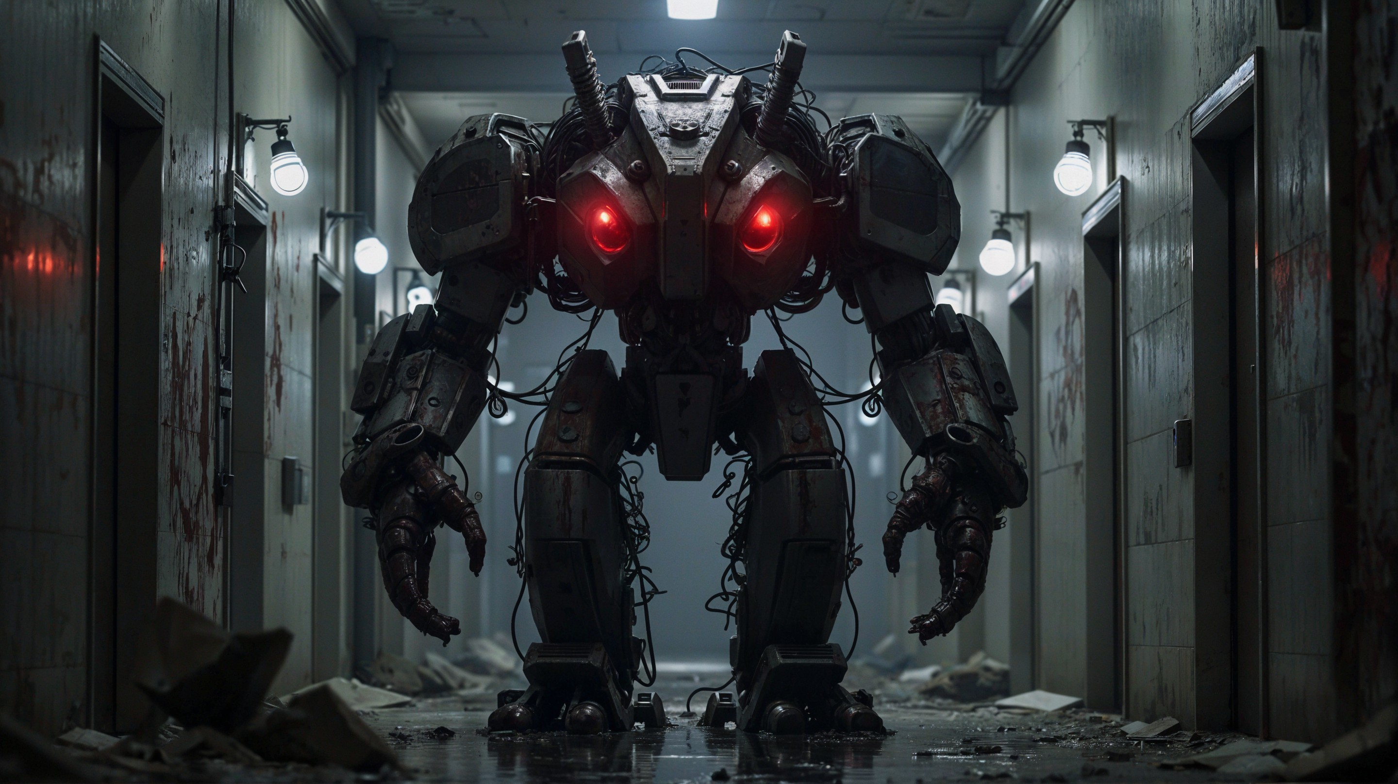 Humanoid Robot in a Dimly Lit Decaying Hallway