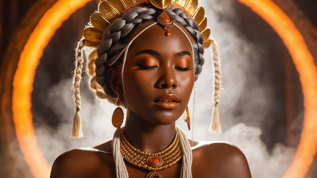 Regal Figure in Misty Backdrop with Gold Jewelry