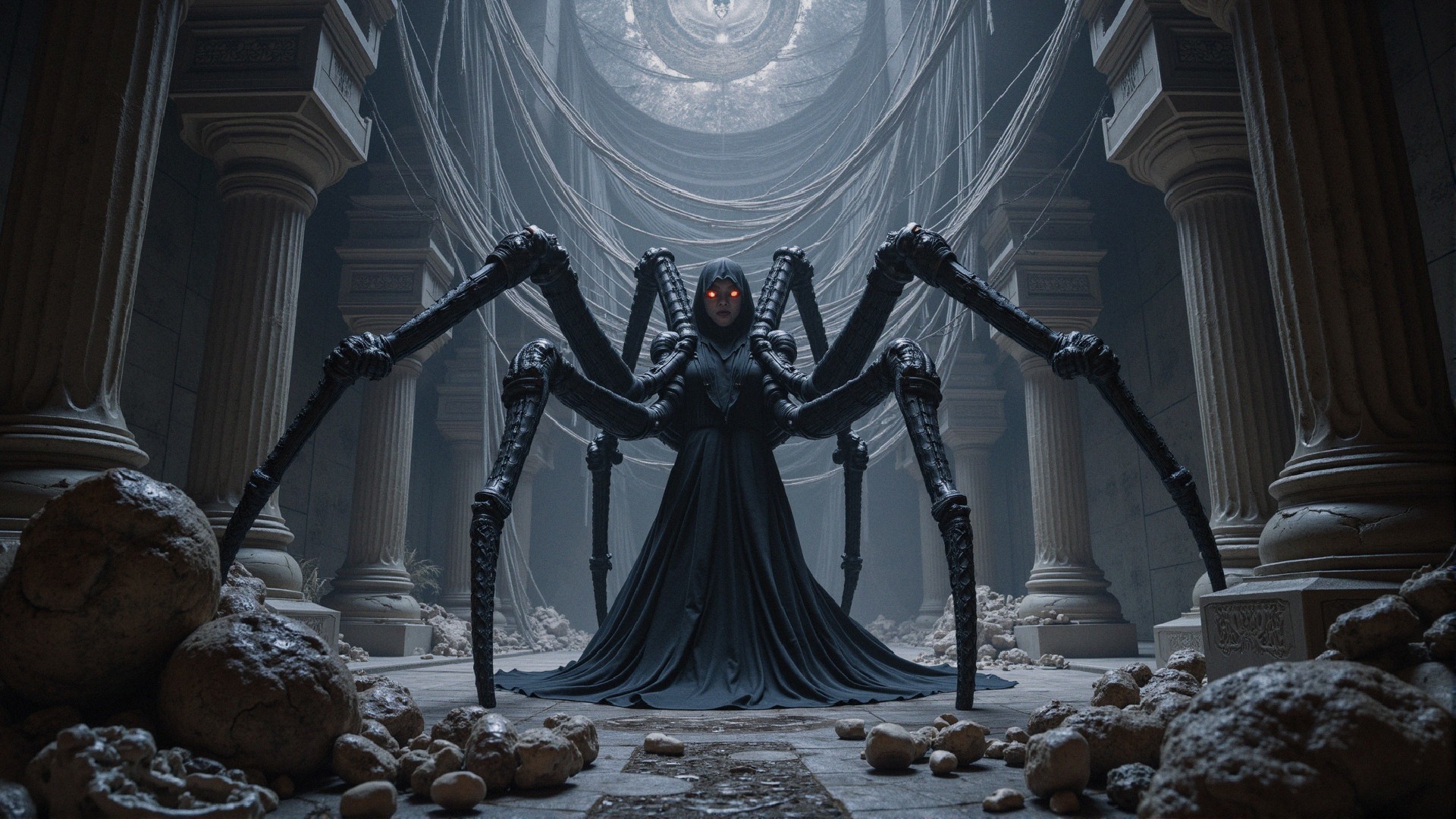 Ancient Hall with Menacing Figure and Spider Legs