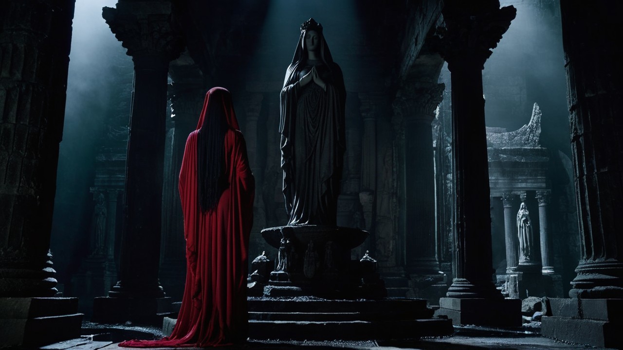 Cloaked Figure in Ancient Temple with Serene Deity