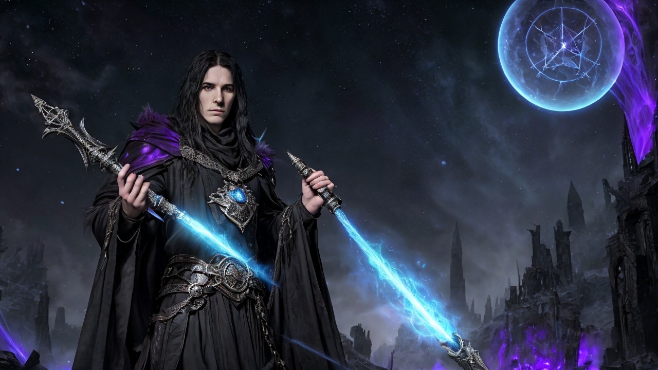 Dark Sorcerer in Mystical Landscape with Glowing Staff