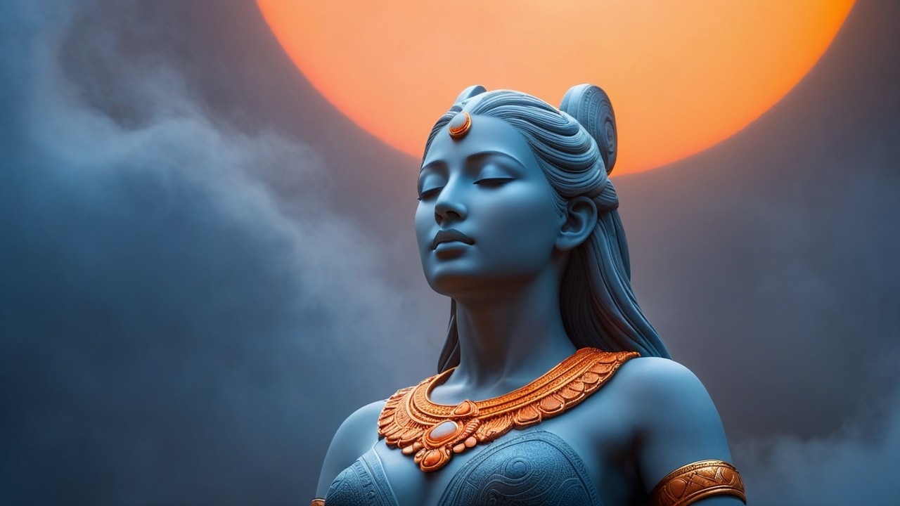 Blue-Skinned Goddess Statue Against Orange Sunlight