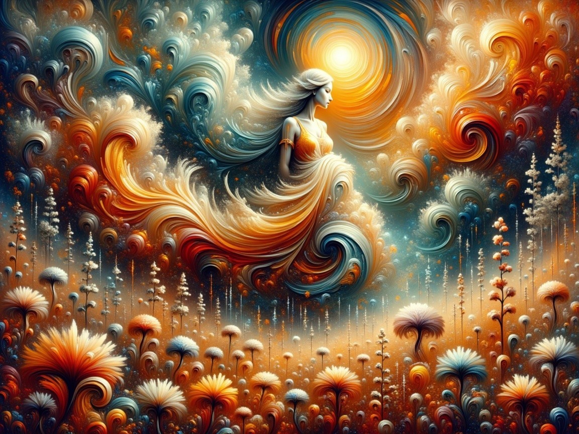Mystical Woman in Dreamlike Swirling Clouds Scene