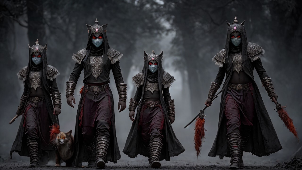Hooded Figures in Dark Attire in Misty Forest Scene