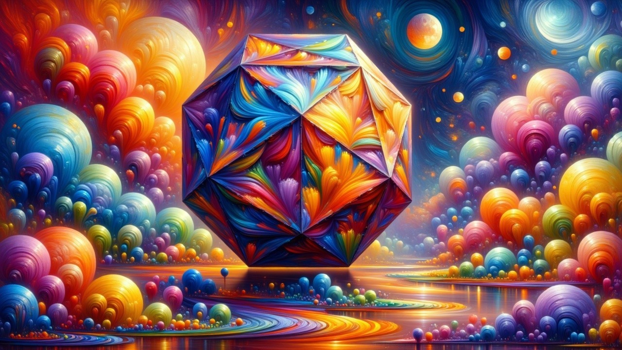 Vibrant Abstract Landscape with Geometric Centerpiece
