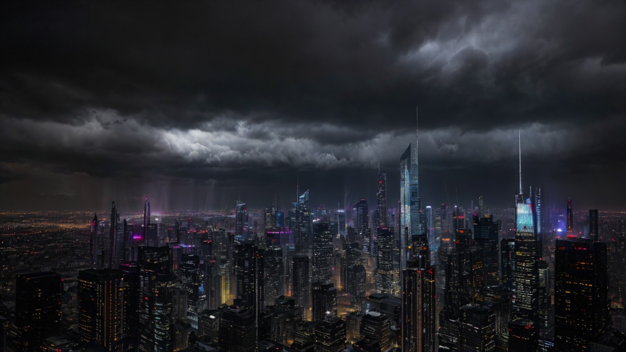 Illuminated City Skyline Under Dramatic Clouds