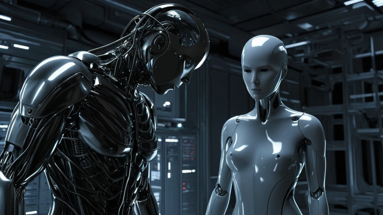 Humanoid Robots in a Futuristic High-Tech Setting