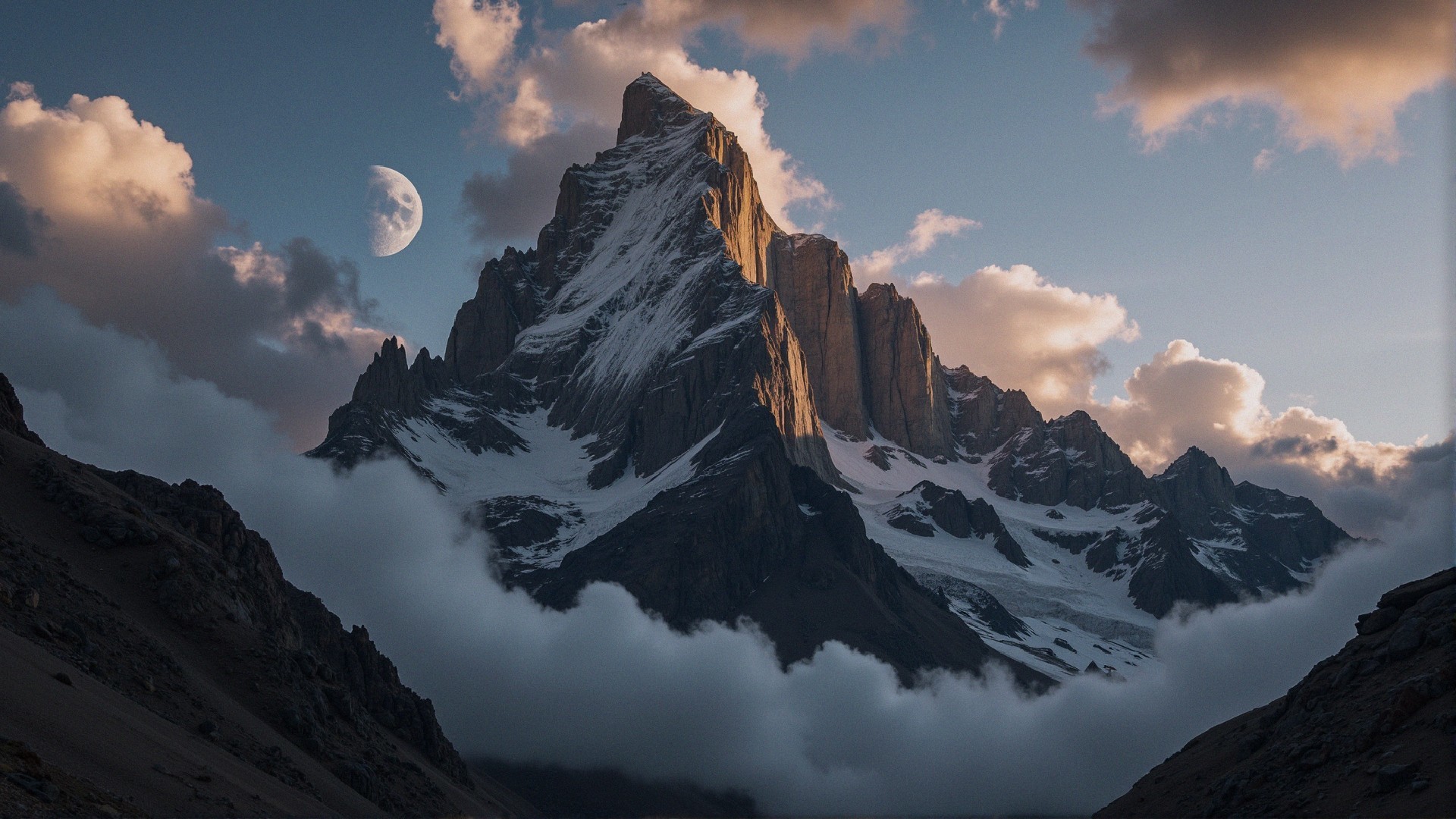 Twilight Mountain Landscape with Snow-Capped Peaks