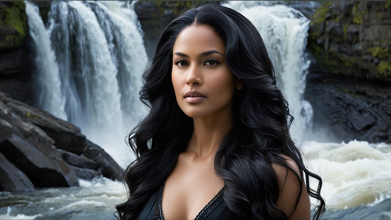 Portrait of a woman by a tranquil waterfall scene