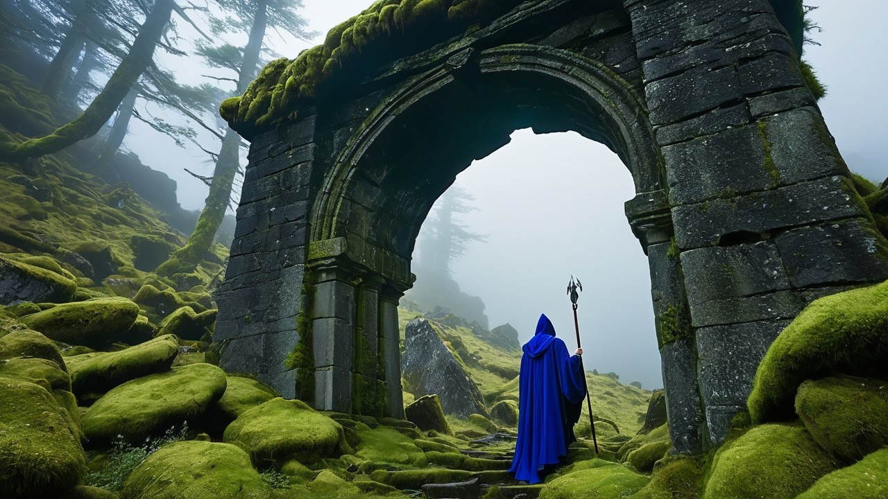 Cloaked Figure Under Moss-Covered Stone Archway