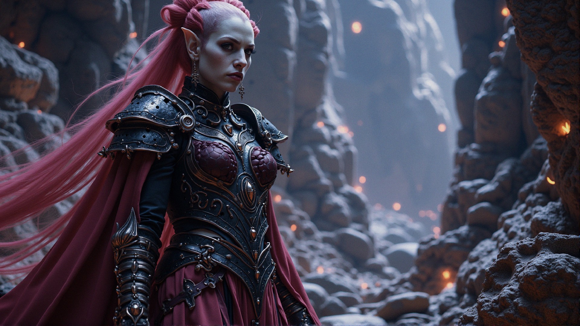 Powerful figure in dark armor within a glowing cavern