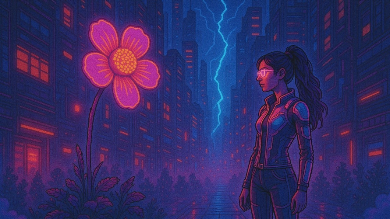 Futuristic Urban Scene with Glowing Flower and Lightning