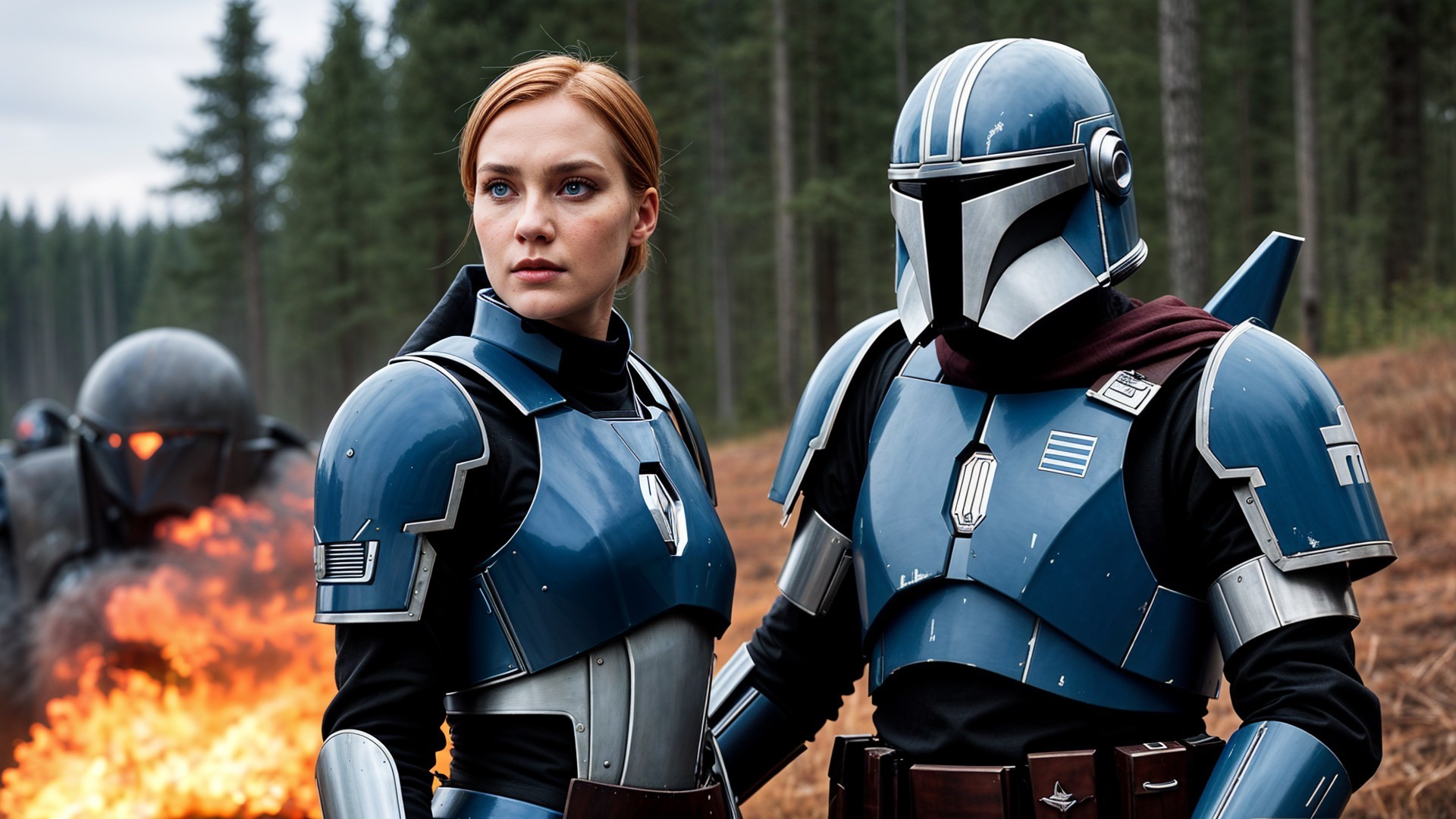 Warriors in Blue Armor Amidst Forest and Machinery