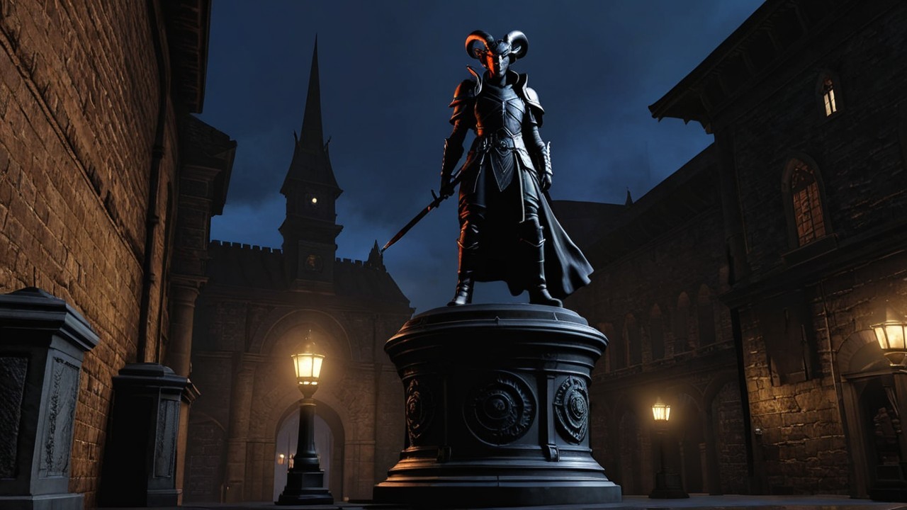Armored Statue in Dimly Lit Historic Plaza