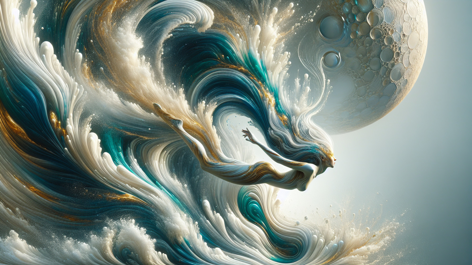Vibrant Figure in Dynamic Waves and Celestial Background