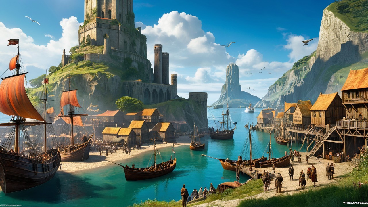 Coastal Harbor Scene with Castle and Rocky Islands