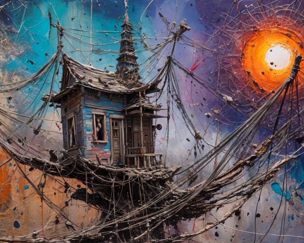 Whimsical House Structure Amidst Colorful Cables