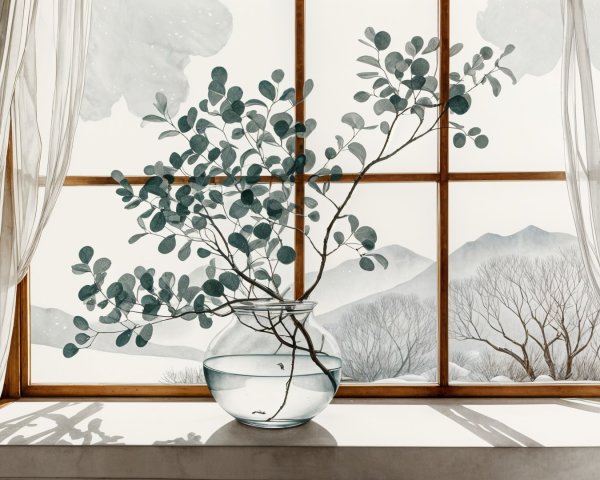 Serene Window Scene with Vase and Misty Landscape