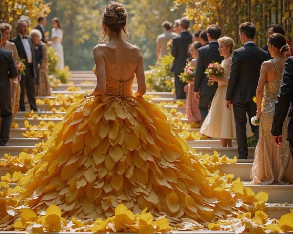 Bride in Yellow Leaf Gown at Outdoor Wedding Scene