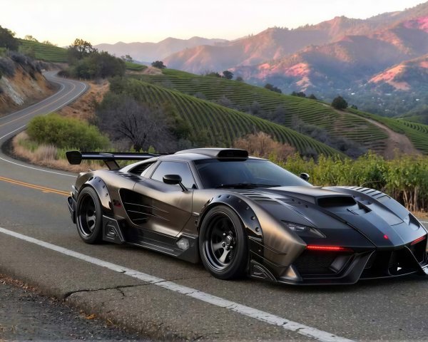 Futuristic Dark Gray Sports Car on Winding Road
