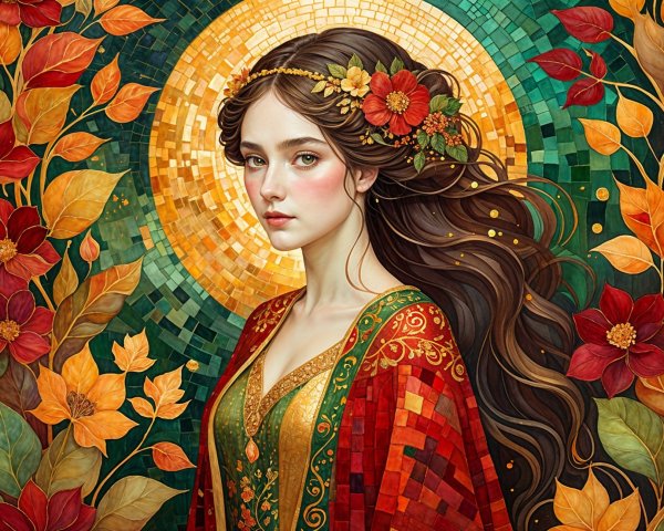 Portrait of a Young Woman with Autumn Leaves and Flowers