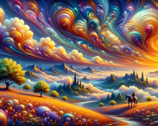 Surreal Landscape with Vibrant Sky and Lone Rider