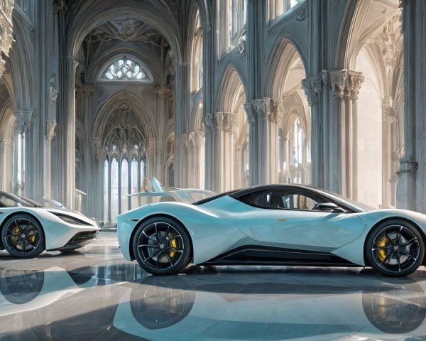 Futuristic white supercar in grand cathedral interior