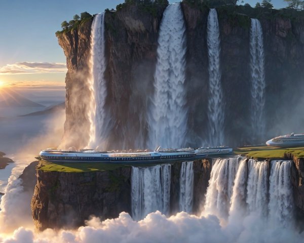Landscape with Cliff, Waterfalls, and Futuristic Trains