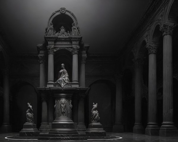 Grand Dark Hall with Intricate Columns and Sculptures