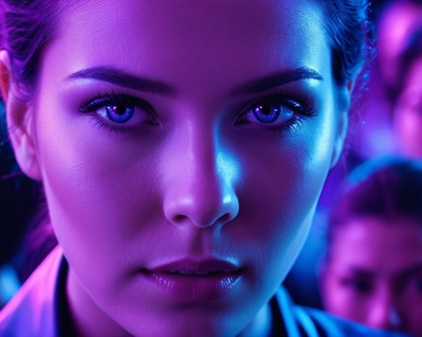 Close-Up of Young Woman with Purple-Lit Eyes