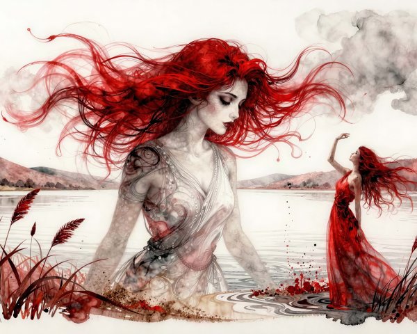 Watercolor of Two Women in a Lake with Red Foliage