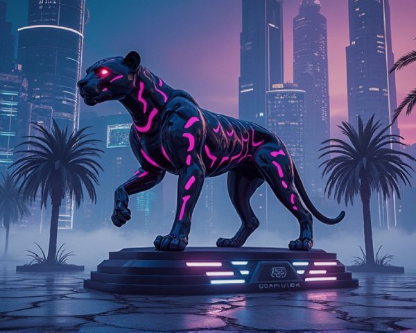 Futuristic Cityscape with Black Panther Sculpture and Neon Lights