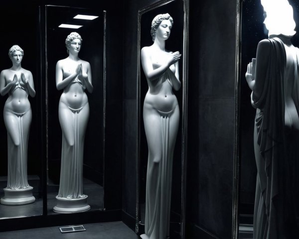 Dimly Lit Room with White Marble Female Statues