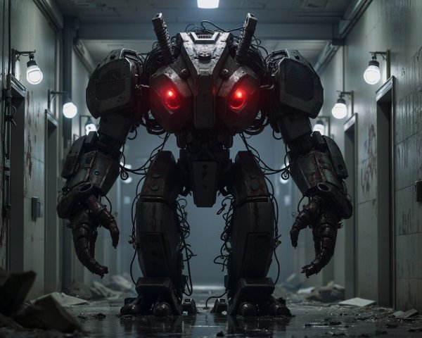 Humanoid Robot in a Dimly Lit Decaying Hallway