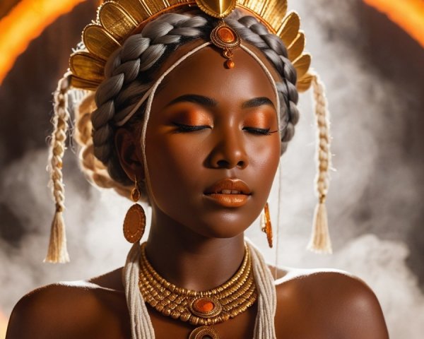 Regal Figure in Misty Backdrop with Gold Jewelry