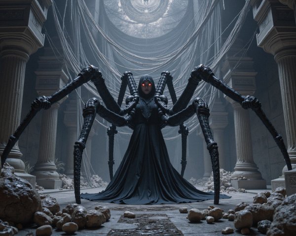 Ancient Hall with Menacing Figure and Spider Legs