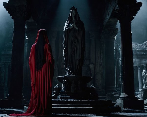 Cloaked Figure in Ancient Temple with Serene Deity