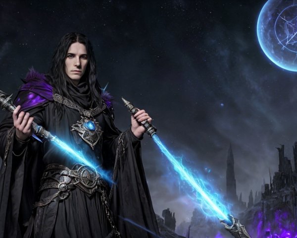 Dark Sorcerer in Mystical Landscape with Glowing Staff