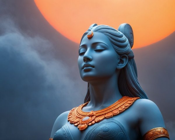 Blue-Skinned Goddess Statue Against Orange Sunlight