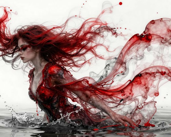 Slender woman with vibrant red hair in dark water