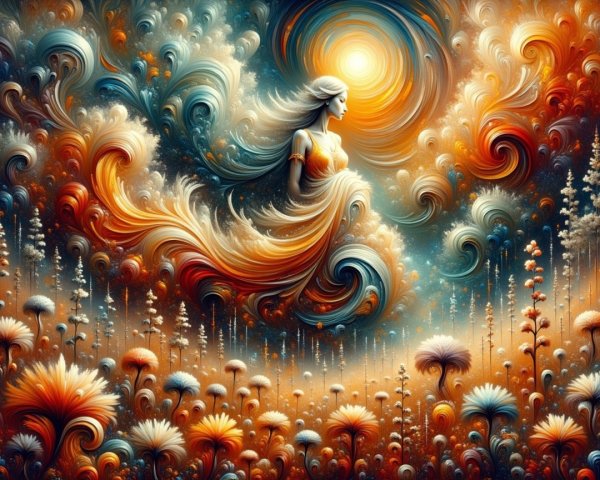 Mystical Woman in Dreamlike Swirling Clouds Scene