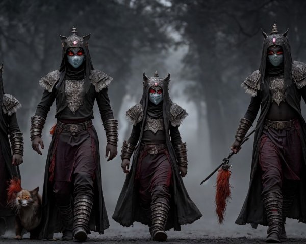 Hooded Figures in Dark Attire in Misty Forest Scene
