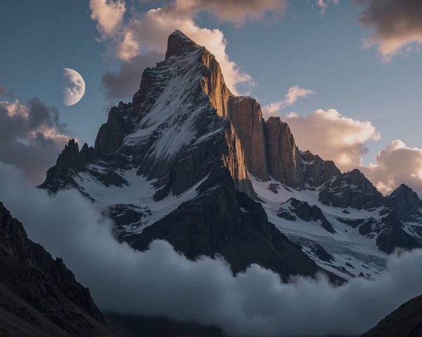 Twilight Mountain Landscape with Snow-Capped Peaks